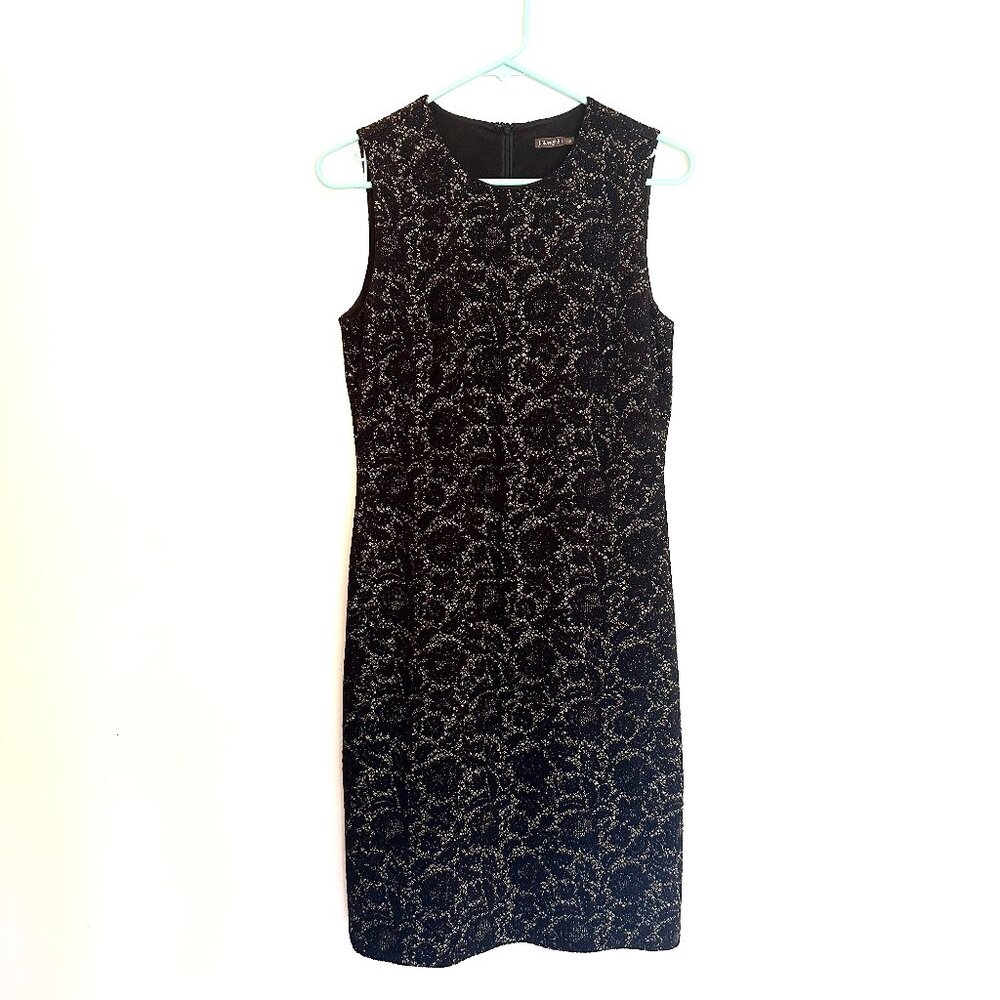 J. McLaughlin black & gold metallic, lace inspired, sleeveless midi sheath dress
